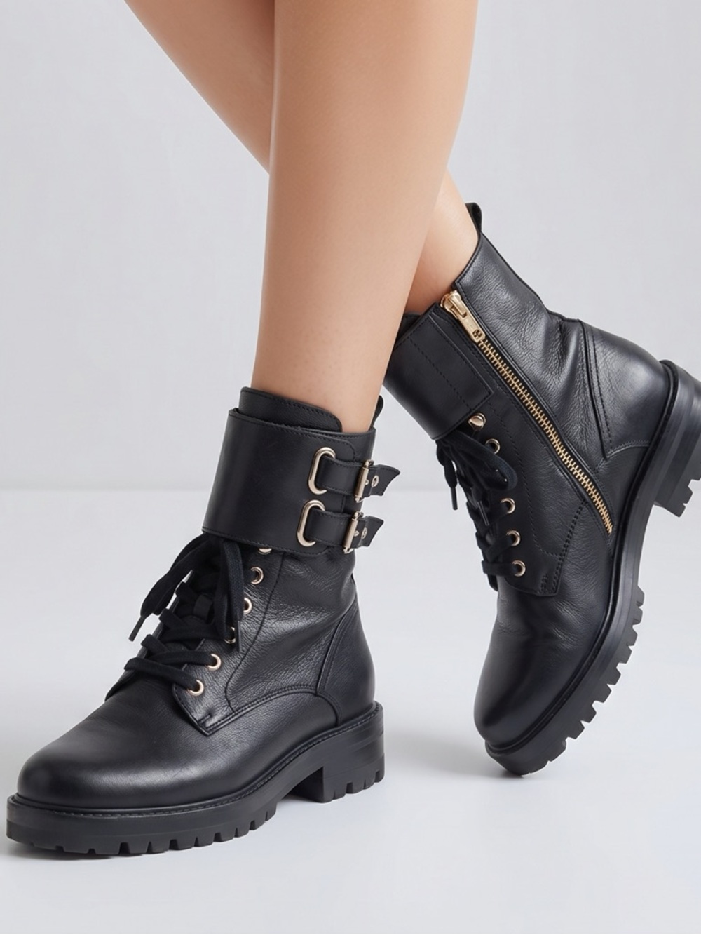VERSACE COLLECTION | Black & Gold Double Buckle Combat Moto Boots Women’s 37 (7)
